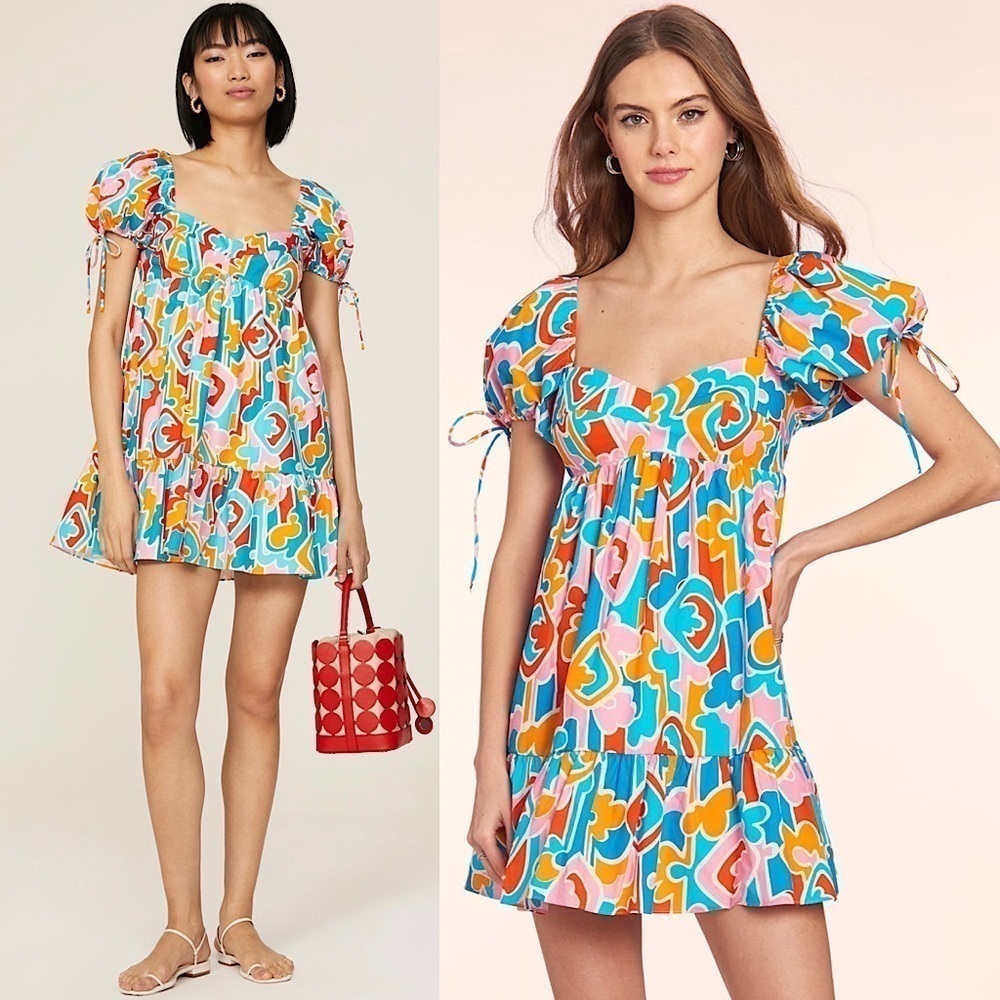 AMANDA UPRICHARD 90s Abstract‎ Graphic Print Puff Short Sleeve Babydoll Dress L